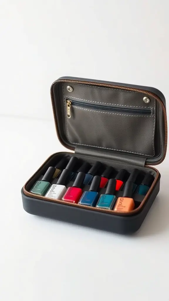 19+Creative Nail Polish Storage Ideas You’ll Love 6 A travel-friendly nail polish case with various nail polish bottles neatly organized inside.