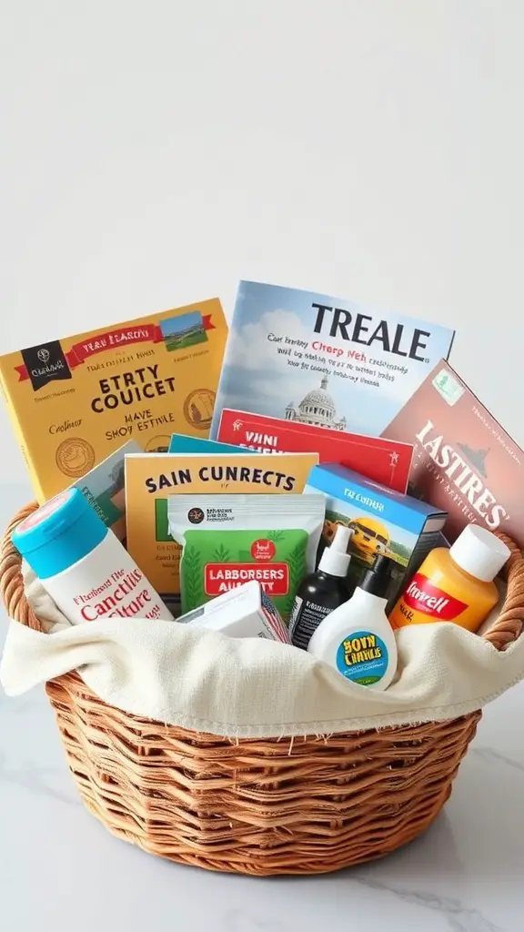 19 Creative Raffle Basket Ideas You’ll Love 14 A wicker basket filled with travel-related items and snacks.