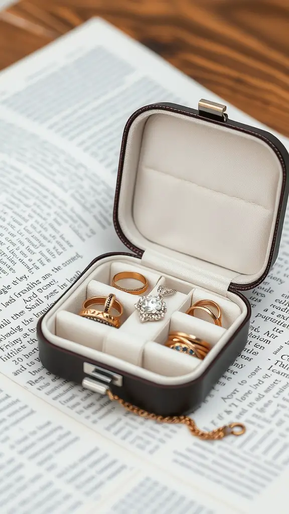A travel jewelry case with rings inside, placed on a wooden surface next to a book.