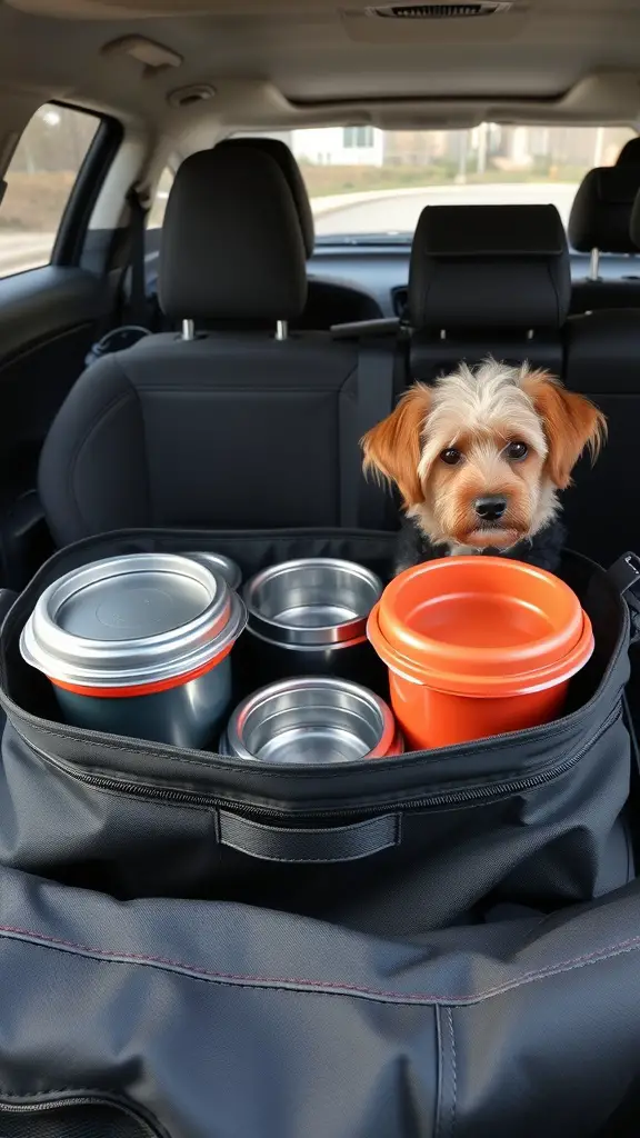 19+Essential Dog Food Storage Solutions You Need 11 A small dog sitting in a car with organized food containers in a travel bag.