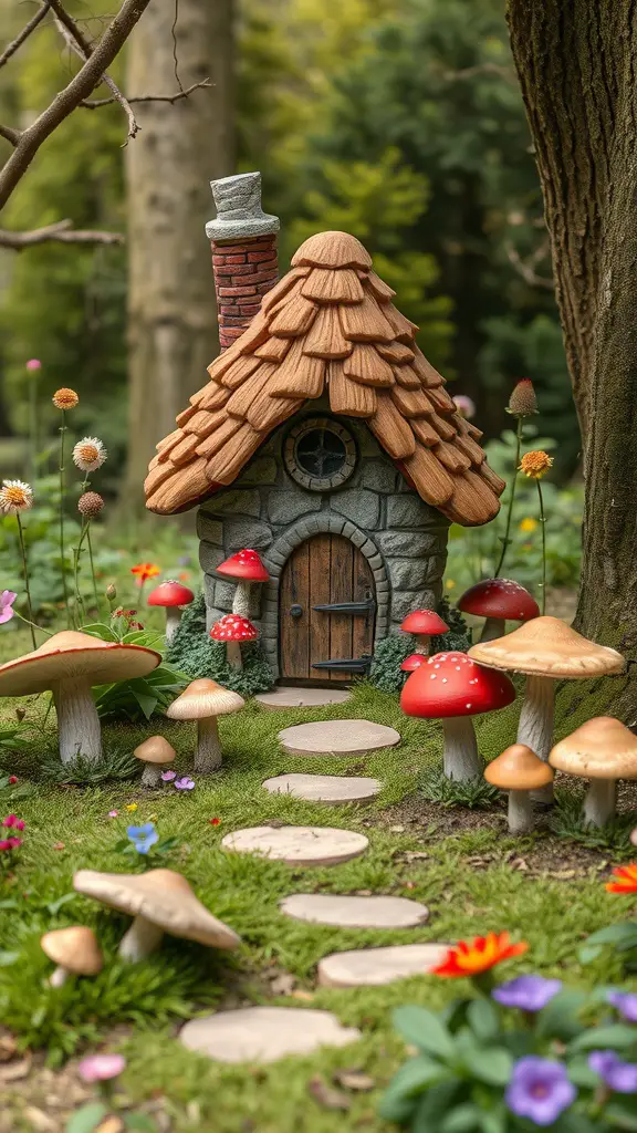 A whimsical tree stump fairy house surrounded by colorful mushrooms and flowers.