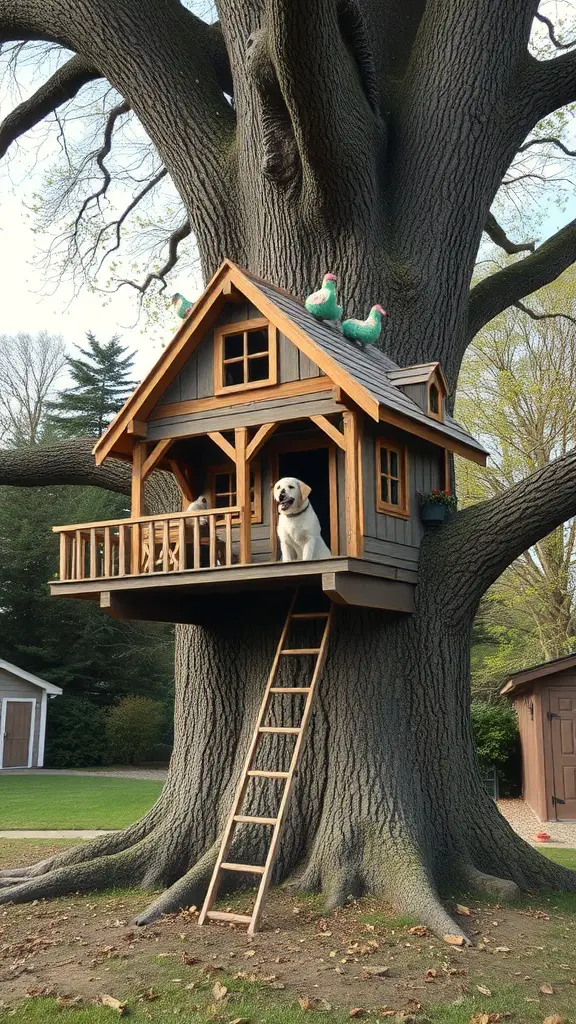 17+ Creative Outside Dog House Ideas for Your Furry Friend 16 A wooden treehouse for dogs with a balcony and a dog sitting on it, surrounded by a large tree.