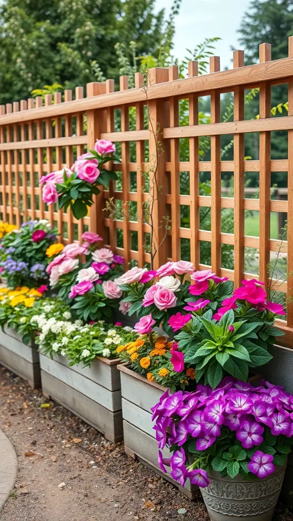 23 Creative Trellis Ideas for Ultimate Privacy in Your Garden 9 Wooden trellis fence with colorful flowers in planters