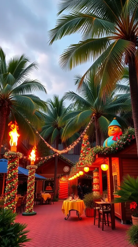 15 Creative Christmas Party Theme Ideas for Your Holiday Celebration 13 A festive tropical Christmas luau setting with palm trees, colorful decorations, and warm lighting.