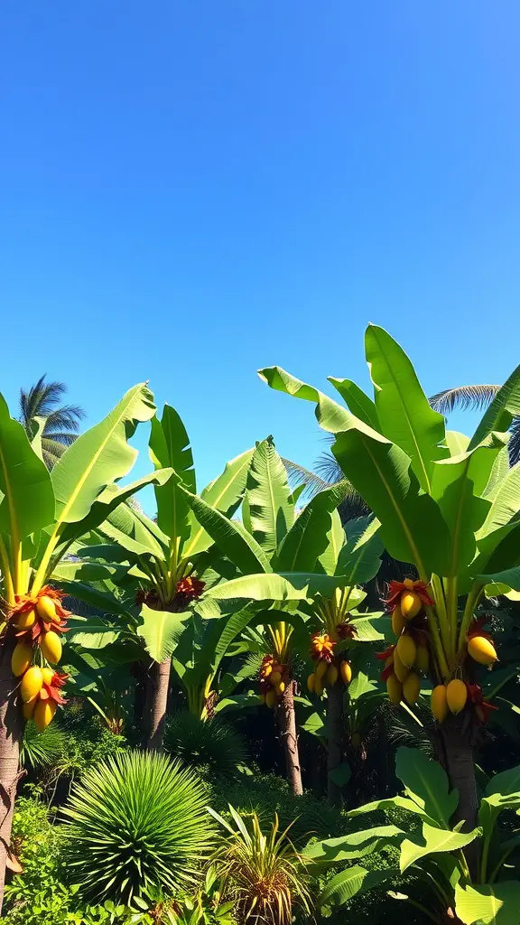 A tropical fruit garden featuring banana trees with yellow fruit against a clear blue sky.