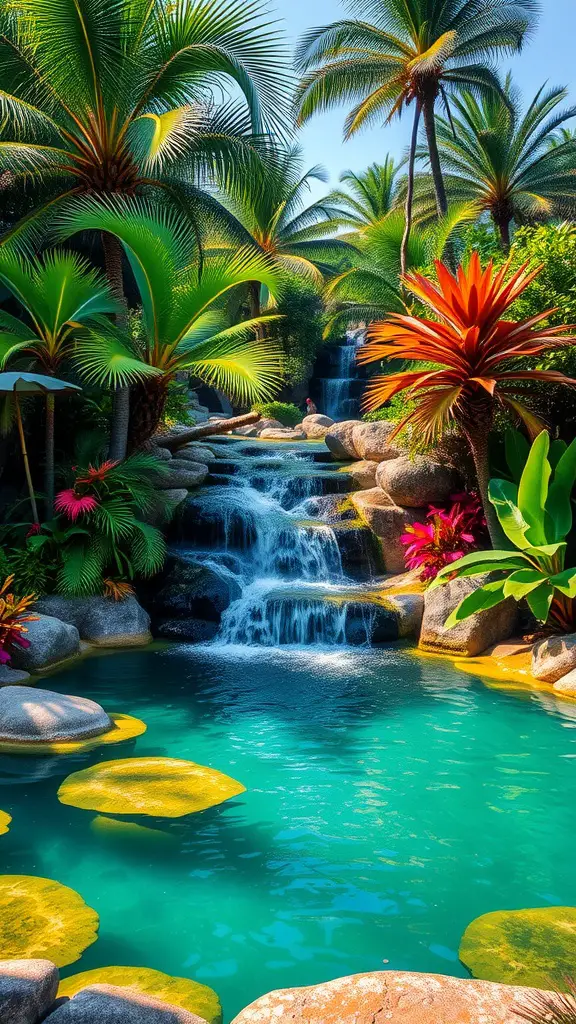 A tropical pond with a waterfall surrounded by palm trees and colorful plants.