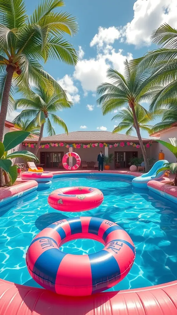 A vibrant pool scene featuring inflatable floats, palm trees, and a sunny sky.