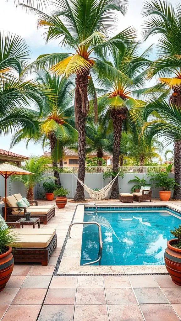 15 Inspiring Outdoor Patio Ideas for Your Dream Space 8 A tropical patio featuring palm trees, a swimming pool, lounge chairs, and a hammock.