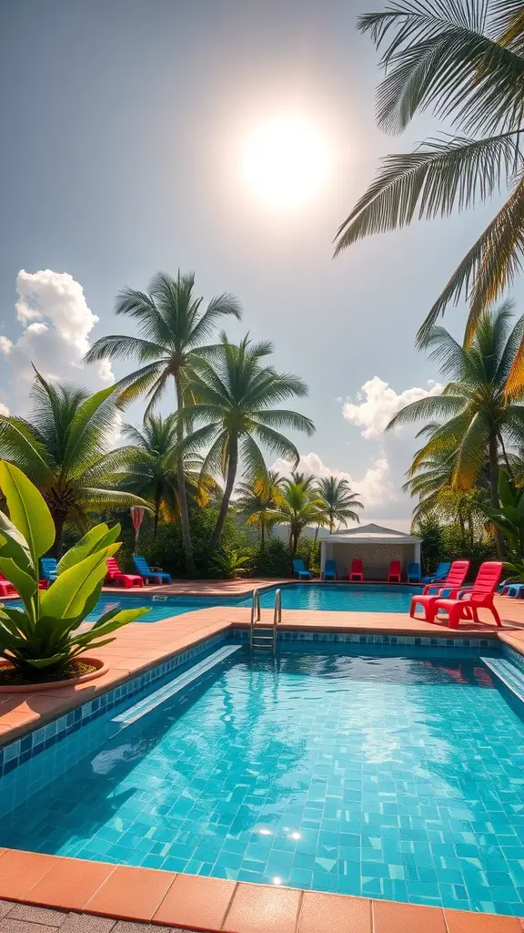 21+ Unique Stock Tank Pool Ideas for Your Backyard Oasis 10 A tropical backyard retreat featuring a stock tank pool surrounded by palm trees and colorful lounge chairs under a bright sun.
