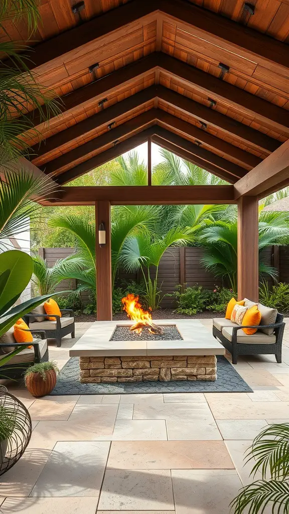 27 Cozy Outdoor Covered Patios with Fireplaces for Ultimate Comfort 10 A tropical outdoor covered patio featuring a stone fire pit surrounded by comfortable seating and lush greenery.