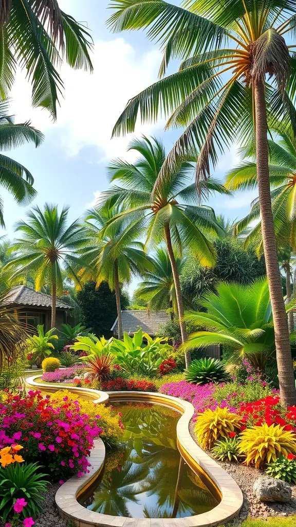 A tropical garden featuring palm trees, colorful flowers, and a winding stream.