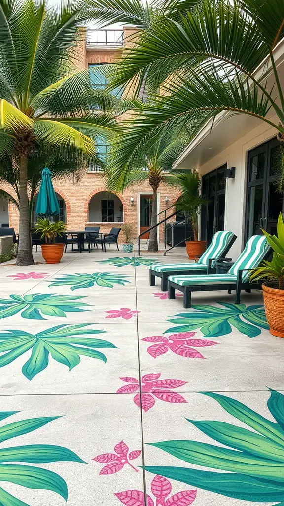 45 Creative Paint Ideas for Your Concrete Patio 13 A tropical-themed concrete patio with palm leaf motifs and pink accents, featuring lounge chairs and potted plants.