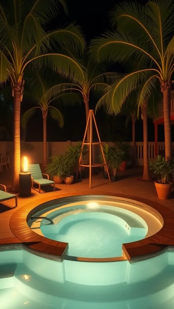21 Amazing Hot Tub Backyard Ideas for Your Outdoor Oasis 8 A cozy hot tub surrounded by palm trees and soft lighting, creating a tropical paradise in a backyard.