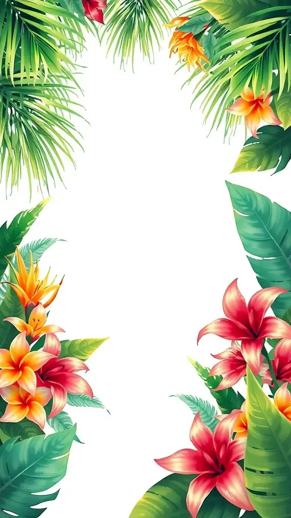 21 Coastal Baby Shower Theme Ideas You’ll Love 4 Tropical themed invitation design with vibrant flowers and lush green leaves.
