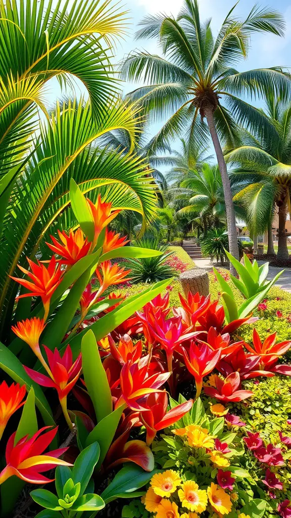 15 Inspiring Perennial Garden Design Ideas to Transform Your Space 9 A vibrant tropical garden filled with red and orange flowers, surrounded by lush green foliage and palm trees.