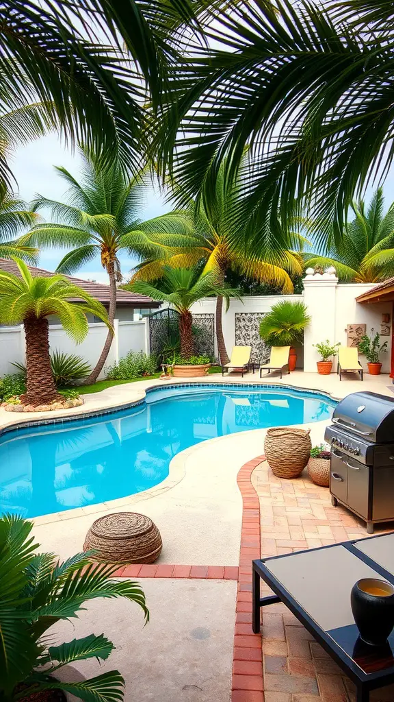 A tropical poolside barbecue area featuring a grill, palm trees, and a swimming pool.