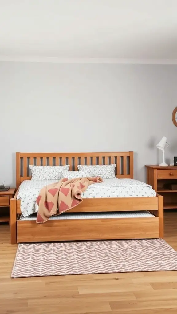 25+Creative Bed Frame with Storage Ideas You’ll Love 5 Wooden trundle bed with bedding and a cozy blanket