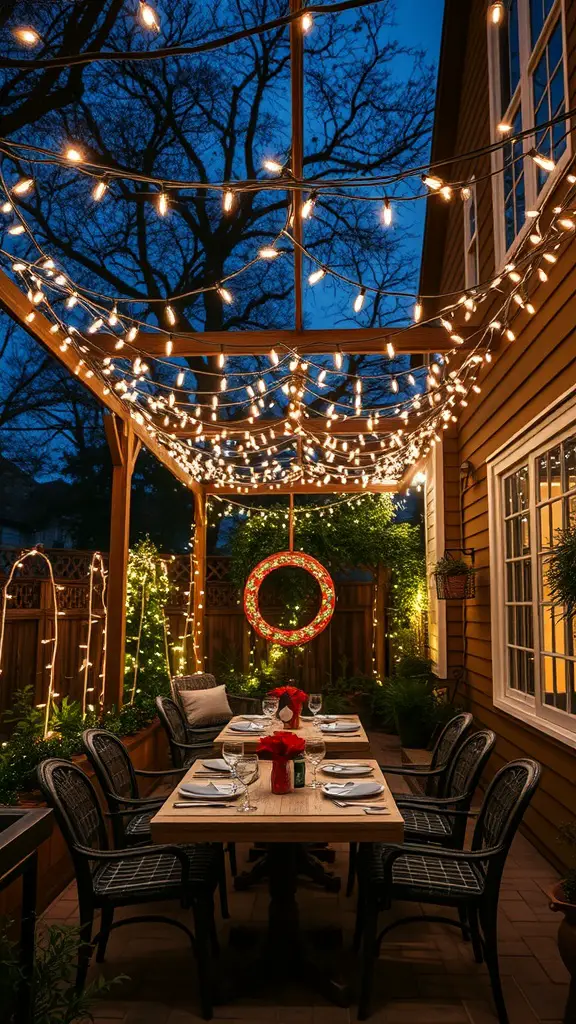 23+ Creative Patio String Light Ideas to Transform Your Outdoor Space 7 A cozy patio with a canopy of twinkling fairy lights, a set dining table, and lush greenery.