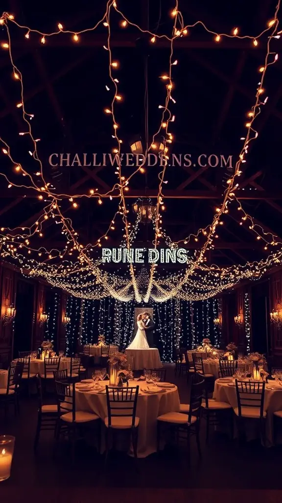 A beautifully decorated wedding venue with twinkling string lights overhead, round tables set for guests, and a couple in the spotlight.