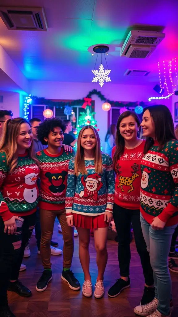 15 Creative Christmas Party Theme Ideas for Your Holiday Celebration 10 Group of friends wearing colorful ugly Christmas sweaters at a festive party