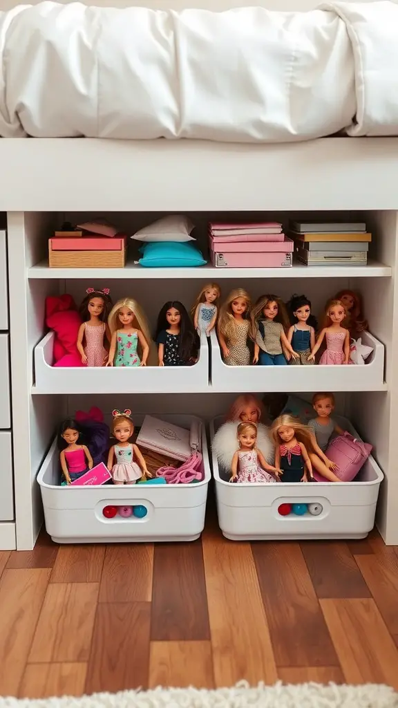 17 Creative Storage Ideas for Your Barbie Collection 4 Under-bed storage bins filled with Barbie dolls and accessories, organized neatly in a bedroom.