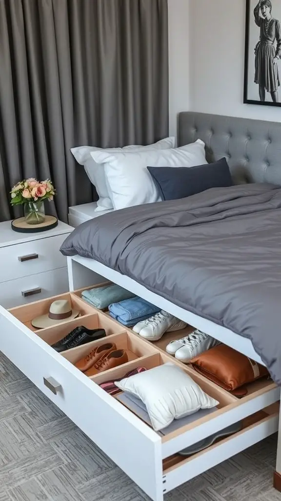 25+Creative Bed Frame with Storage Ideas You’ll Love 7 A modern bed frame with under-bed drawers filled with shoes, clothes, and pillows, showcasing a neat and organized bedroom.