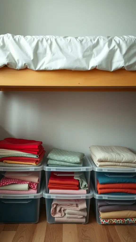 21 Creative Fabric Storage Solutions You Need to Try 8 Neatly organized fabric stored in clear bins under a bed.