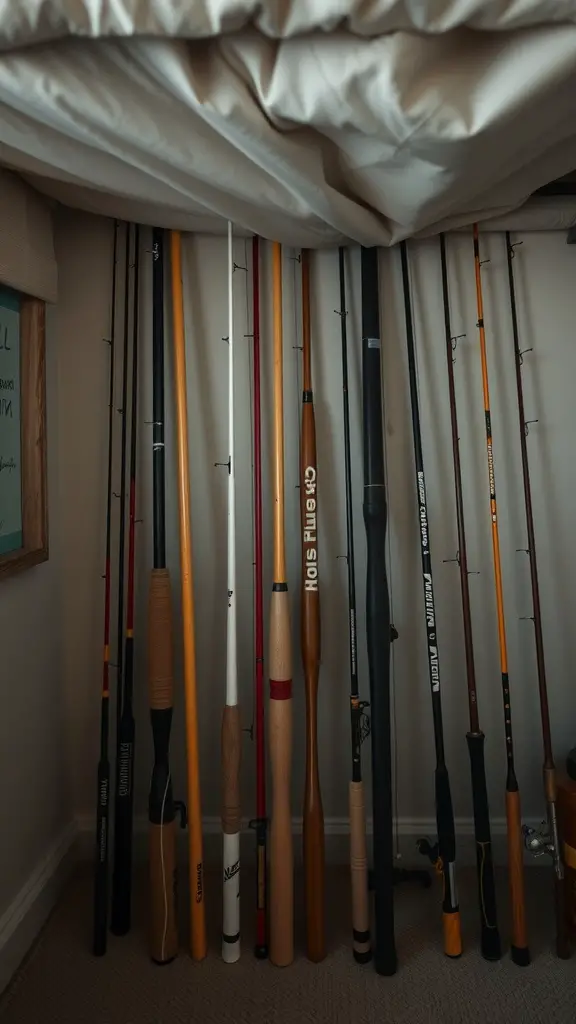 29+ Creative Fishing Rod Storage Ideas for Every Angler 6 Fishing rods stored neatly under a bed.