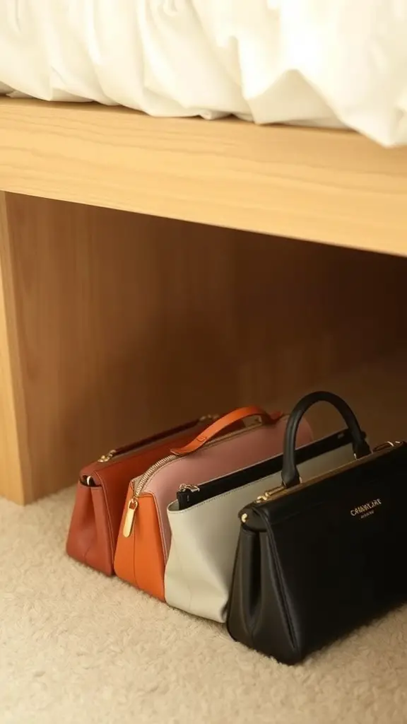 Stylish purses organized under a bed