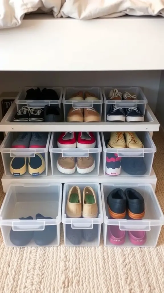 Clear plastic bins filled with shoes organized under a bed.