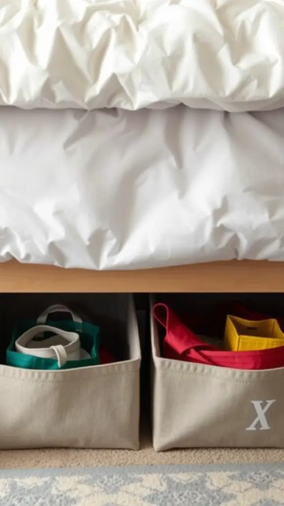 Under-bed storage bins with colorful bags inside