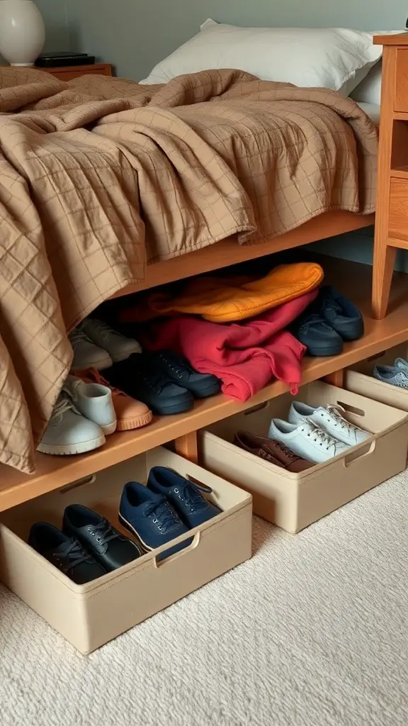 19+ Creative No Closet Solutions for Every Space 10 A cozy bedroom with organized under-bed storage, featuring shoes and folded clothes in bins.