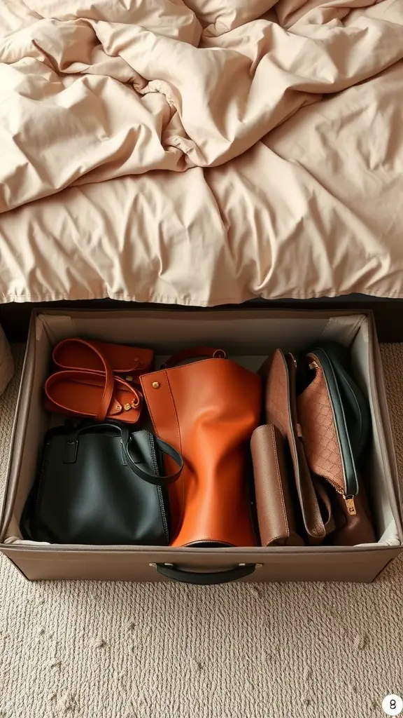 Under-bed storage box filled with various handbags, including black and orange bags, on a carpeted floor.