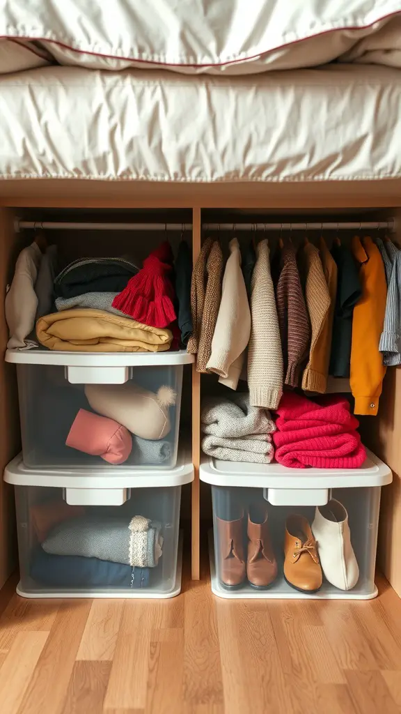 15 Creative Bedroom Storage Ideas for a Clutter-Free Space 10 Organized under-bed storage with clothing and shoes in clear bins.