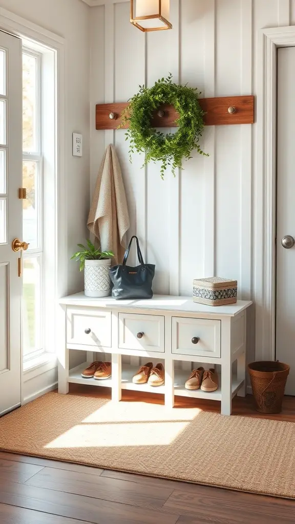 A bright entryway featuring a white bench with shoe storage, a wooden wall rack with a wreath, and natural light.