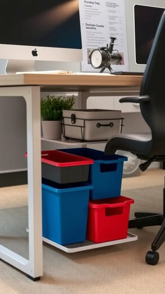 15 Creative Office Storage Ideas to Maximize Space 7 Colorful storage bins under a desk for organization