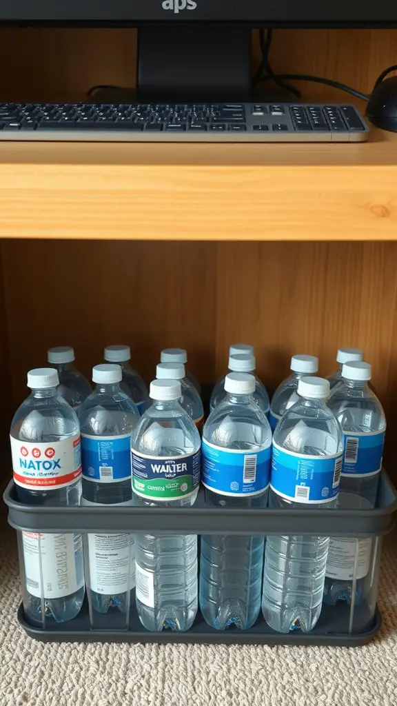 15+ Creative Ways to Store Your Water Bottles 15 A storage bin filled with water bottles under a desk, showcasing an organized workspace.