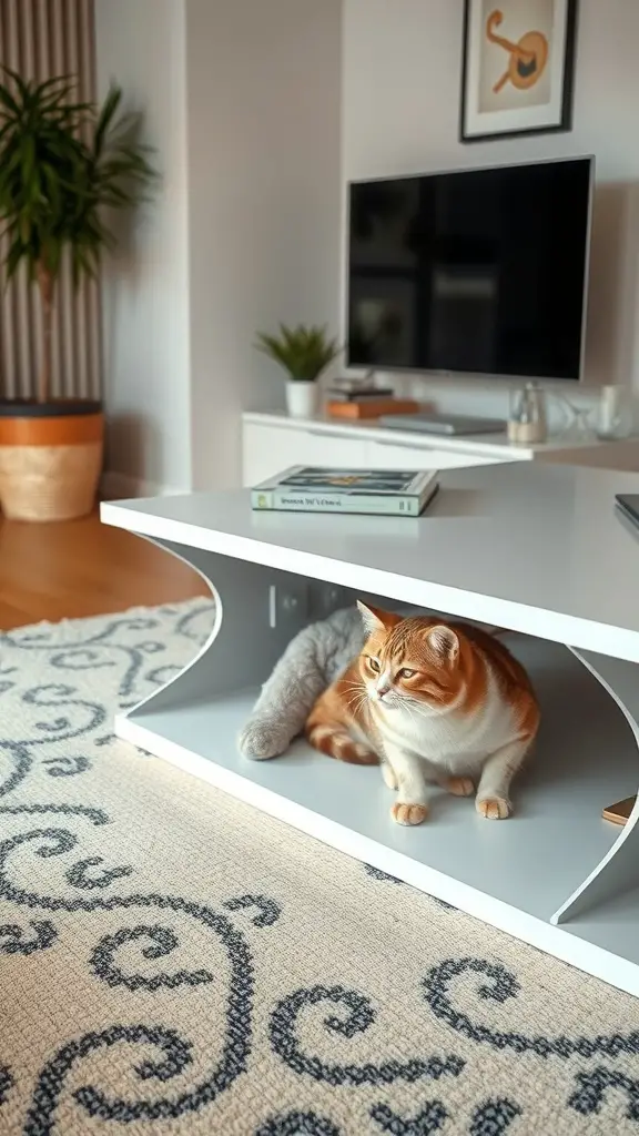 17 Purrfect Cat Apartment Ideas for Happy Felines 13 A cat sitting in a modern coffee table with an open space underneath, showcasing a cozy hideaway.