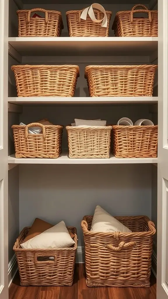 17+ Smart Closet Storage Ideas to Maximize Space 6 A closet with multiple woven baskets on shelves, organized for storage.