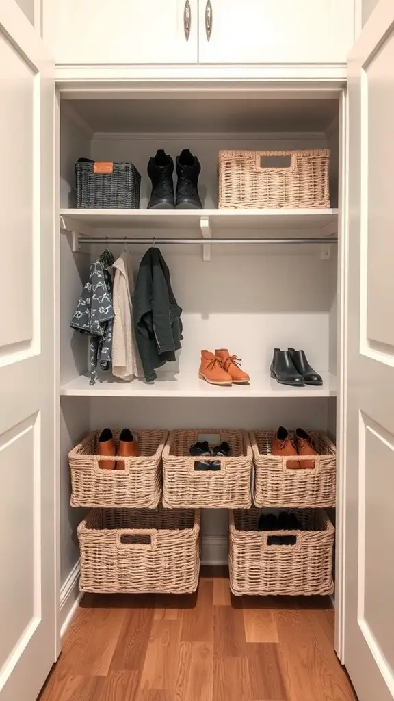 23 Creative Small Closet Organization Ideas for Maximum Space 9 A well-organized closet featuring under-shelf baskets for shoes and accessories.