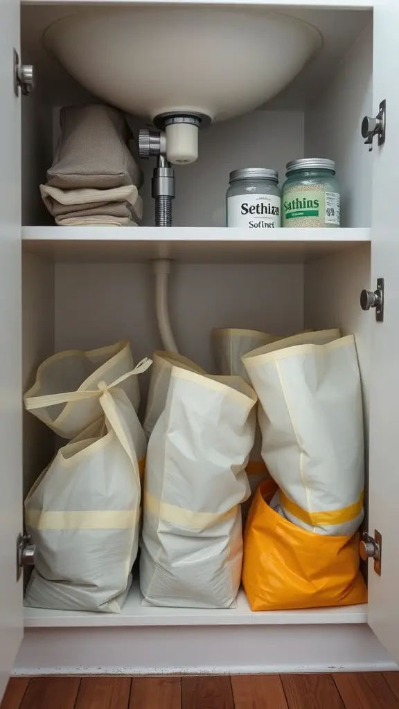 Under-sink storage with organized bags and jars