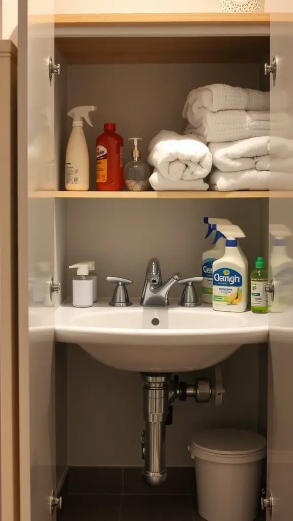Organized under-sink cabinet with neatly folded towels and cleaning supplies.