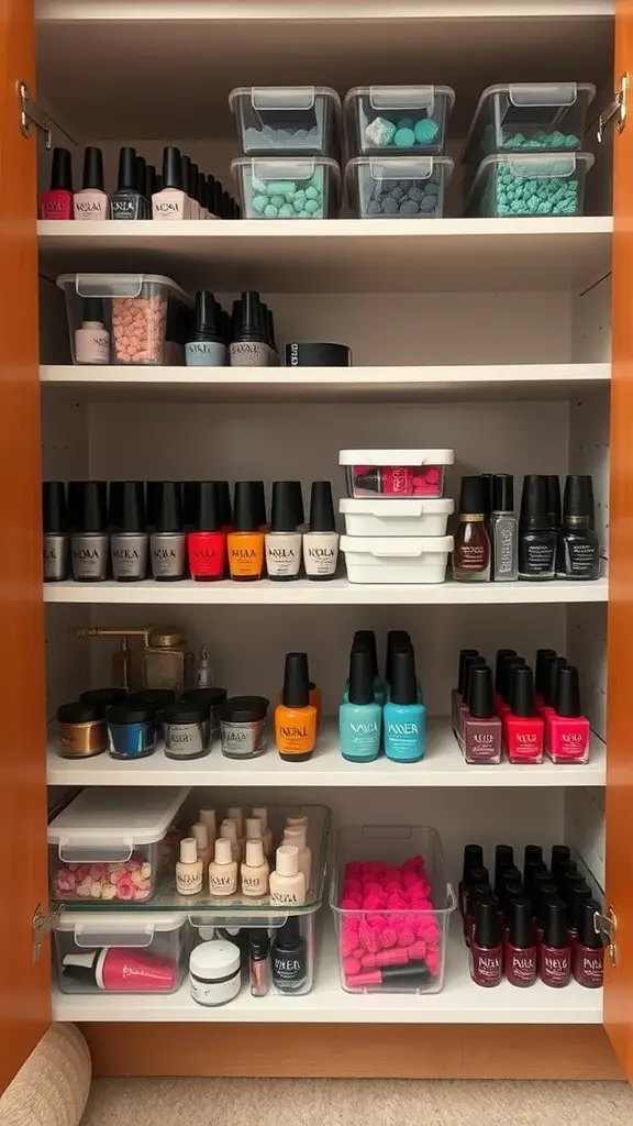 19+Creative Nail Polish Storage Ideas You’ll Love 16 Organized under-sink nail polish storage with various bottles and containers.