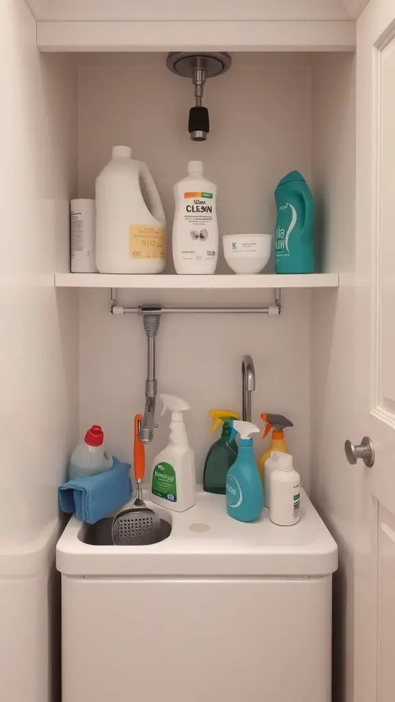 23+Creative Laundry Room Storage Ideas You Need to Try 8 Organized under-sink area with cleaning supplies and laundry essentials