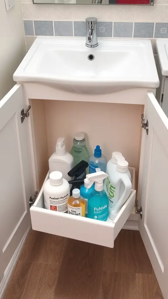 Organized under-sink storage with a pull-out drawer holding cleaning supplies.