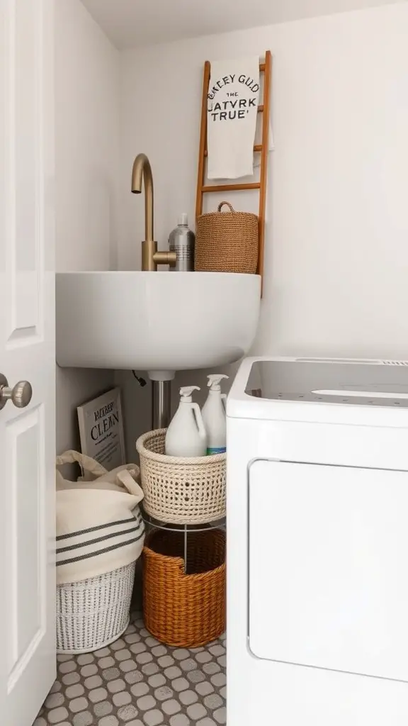 23 Creative Laundry Room Storage Ideas You Need to Try 9 A stylish laundry room with a sink, washing machine, and organized under-sink storage featuring baskets and a towel ladder.