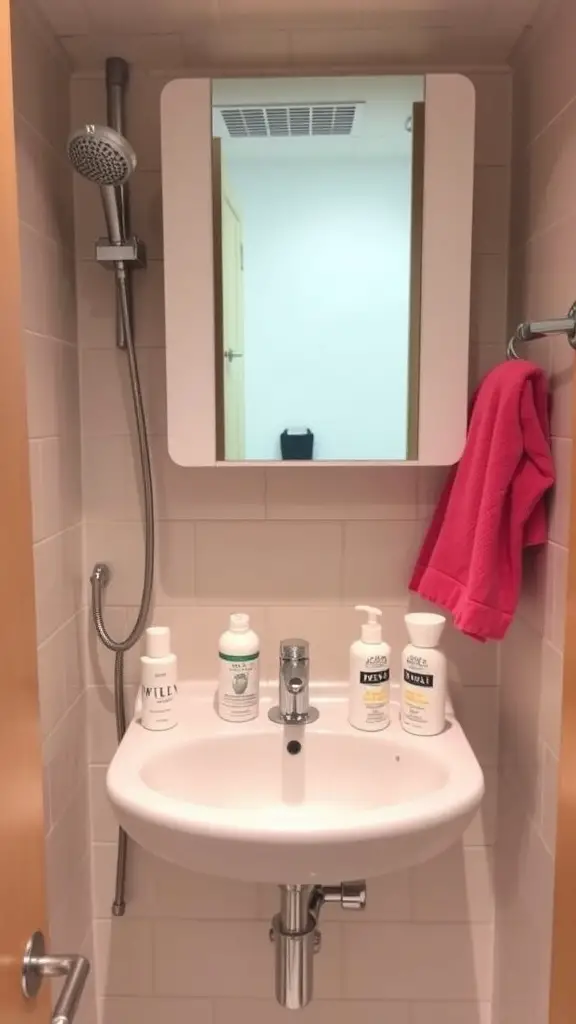 15+ Stylish Shower Storage Ideas to Maximize Space 15 A compact bathroom sink area with neatly arranged toiletries on the counter.