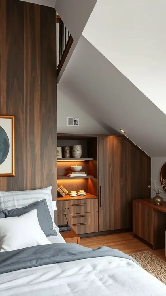 15 Creative Bedroom Storage Ideas for a Clutter-Free Space 14 A cozy bedroom featuring under-stair storage with wooden shelves and warm lighting.