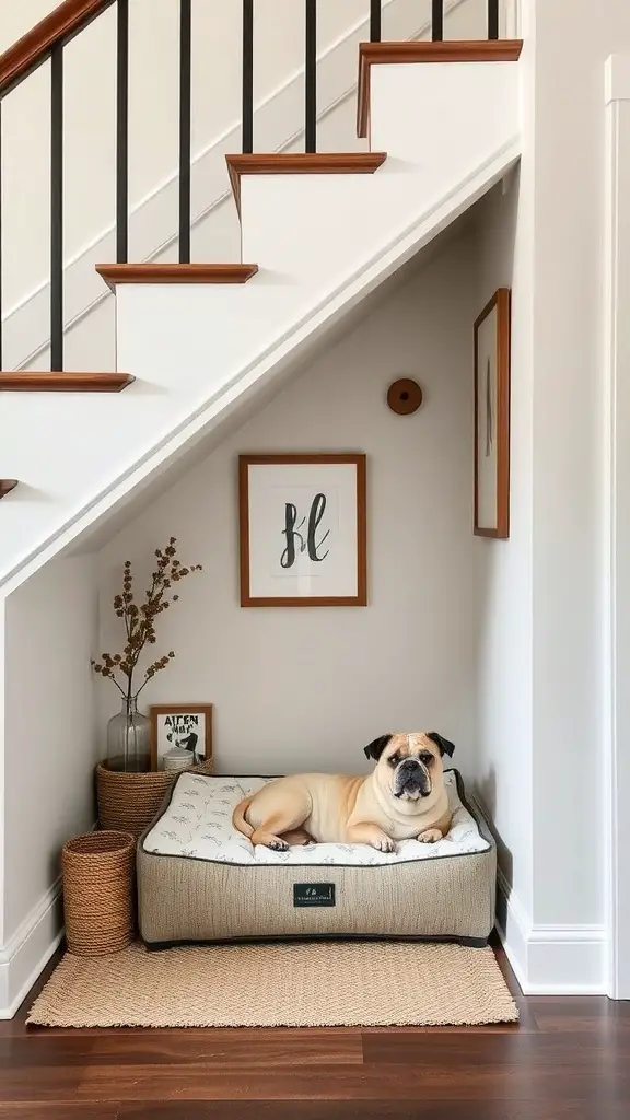 A cozy dog nook under the stairs with a dog bed, decorative items, and a relaxed dog.