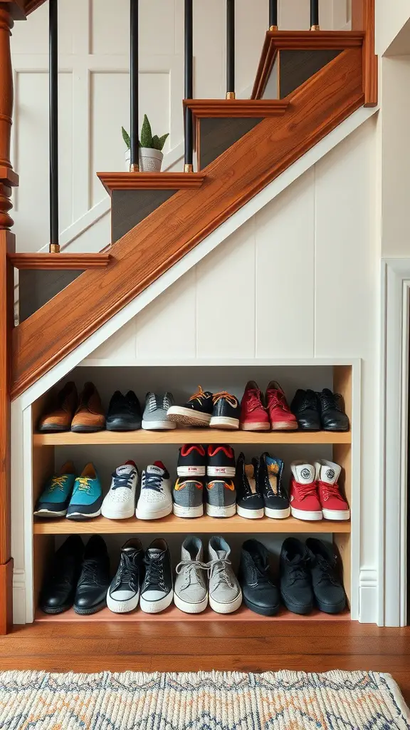Shoe storage under a staircase with various shoes organized on wooden shelves.